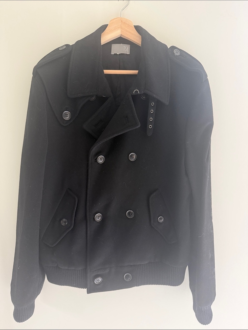 TSE Black Double-Breasted Wool & Cashmere Peacoat with Epaulets